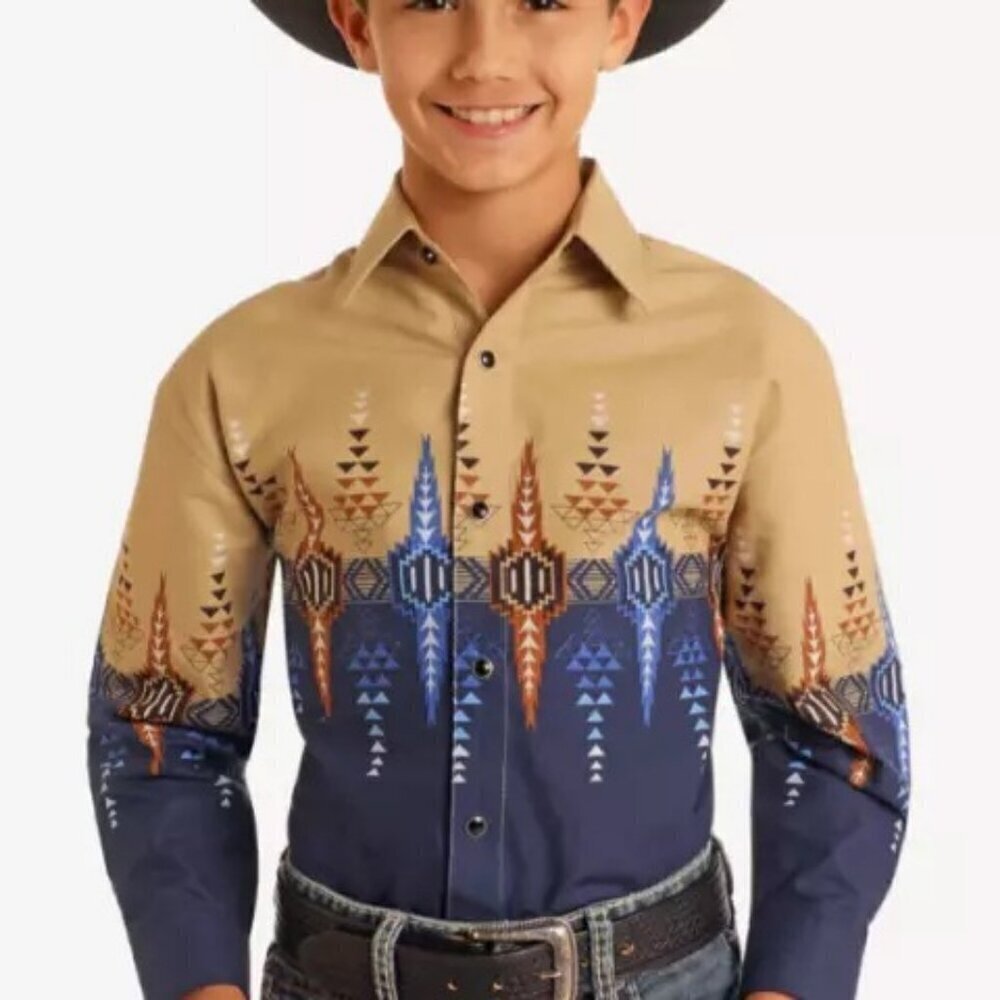 Panhandle Youth Boy's Long Sleeve Western Border Print Snap Shirt Navy/Khaki